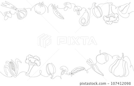 Simple outline frame with Fruits, Vegetables and empty space for text. Vector Background. One line art Style. Frame with organic food. Can be also used like Banner, Flyer, Texture Simple outline frame with Fruits, Vegetables and empty space for text. Vector Background. One line art Style. Frame with organic food. Can be also used like Banner, Flyer, Texture 107412098