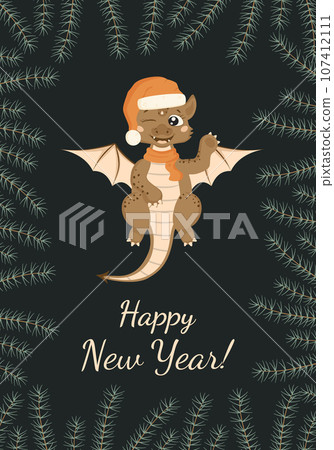Christmas card in cartoon style. A cute dragon in a Santa Claus hat and scarf smiles and waves his paw. A little dinosaur. A frame made of fir twigs. Happy New Year! 107412111