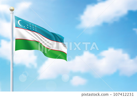 Waving flag of Uzbekistan on sky background. Template for independence 107412231