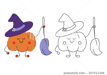 Small set of Halloween pumpkins with witch hat and broom. Color, black and white flat vector illustration. Small set of Halloween pumpkins with witch hat and broom. Color, black and white flat vector illustration. 107412346