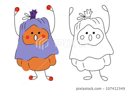 Small set of Halloween pumpkins dressed as a ghost. Color, black and white flat vector illustration. 107412349