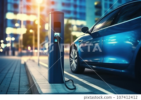 Automatic charging station for electric vehicles. Vertical photo. 107412412