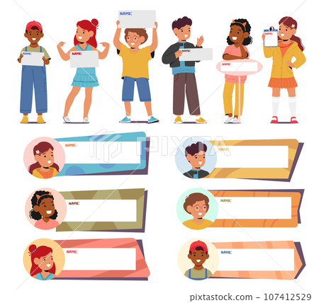 Children Proudly Display Their Personalized Name Tags. Little Girls and Boys Characters Beaming With Excitement 107412529