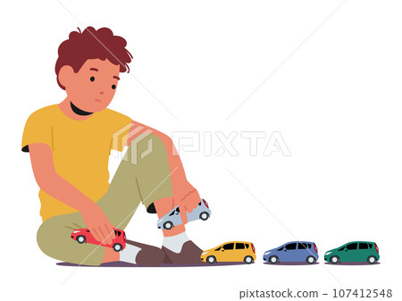 Little Boy With Autism Symptom Building Toys In Line. Character Crafting A World Of Imagination, Foster Creativity 107412548