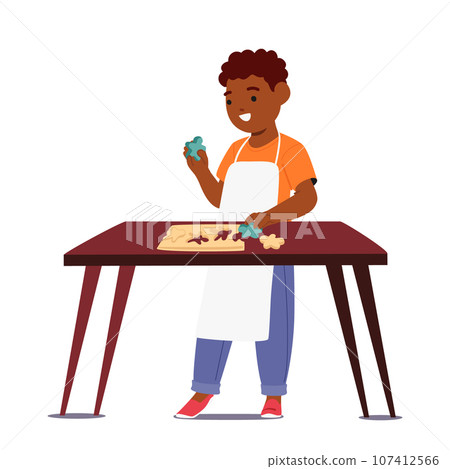 Adorable Scene Little Child With Flour-dusted Fingers And Beaming Smile, Joyfully Cutting Dough, Creating Cookies 107412566