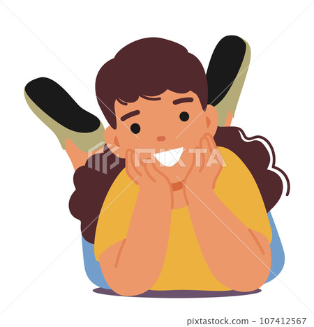 Young Girl Character Lies On Her Stomach, Lost In Dreams. Her Innocent Face Reflects A World Of Imagination 107412567