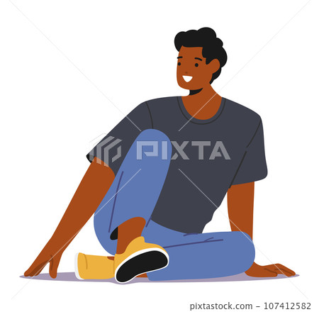 Cheerful African American Man Sits Comfortably On The Floor, His Face Adorned With A Warm Smile, Vector Illustration 107412582