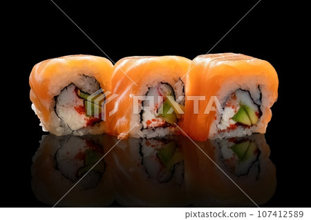 three pieces of sushi on a reflective black surface. Asian cuisine. three pieces of sushi on a reflective black surface. Asian cuisine. 107412589