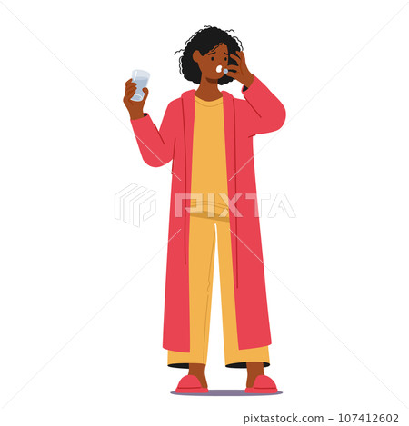 Black Female Character Apply Drugs. Woman Takes A Daily Pill, A Moment Of Self-care, Symbolizes Her Commitment To Health 107412602