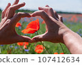 A heart is folded with fingers on a background of a red poppy. 107412634