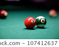 Billiard balls on the billiard table. A clean billiard table with several colored cue balls. 107412637