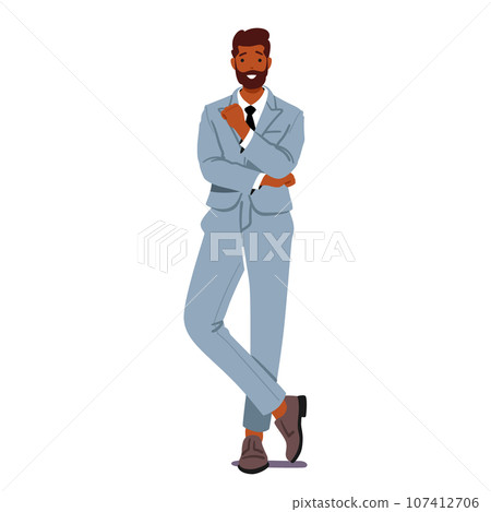 Businessman Exudes Confidence In His Posture, Male Character Standing Tall, With Firm Gaze And A Reassuring Smile Businessman Exudes Confidence In His Posture, Male Character Standing Tall, With Firm Gaze And A Reassuring Smile 107412706