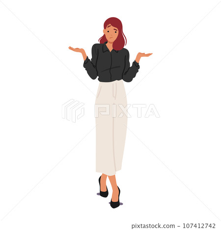 Perplexed Businesswoman Character, Shoulders Shrugged, Wearing Puzzled Expression, Complex Decision Vector Illustration 107412742