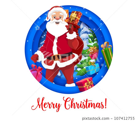 Cartoon paper cut cheerful Santa with gifts. 3d vector holiday double exposition round frame with Father Noel carry gift sack and pine tree with snowy branches in forest. Xmas festive papercut art 107412755