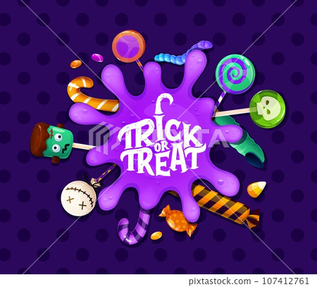 Halloween sweets with purple slime. Cartoon vector banner with delectable spread of festive desserts around of whimsical violet blob or spot oozing through, creating a spooky and appetizing delight 107412761