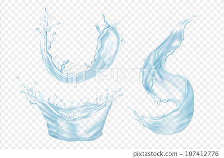Water splashes mega set in 3d realistic design. Bundle elements of blue liquid fluids with drops in crown or swirling forms on transparent background. Vector illustration isolated graphic objects Water splashes mega set in 3d realistic design. Bundle elements of blue liquid fluids with drops in crown or swirling forms on transparent background. Vector illustration isolated graphic objects 107412776