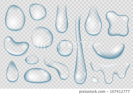 Water drops mega set in 3d realistic design. Bundle elements of different types of rain droplets, pure condensation, tear and fresh dew on transparent. Vector illustration isolated graphic objects 107412777