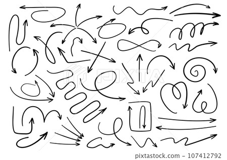 Doodle arrows mega set in flat cartoon design. Bundle elements of ink line pointers with different directions, swirl, repeat, down, right, up and other. Vector illustration isolated graphic objects Doodle arrows mega set in flat cartoon design. Bundle elements of ink line pointers with different directions, swirl, repeat, down, right, up and other. Vector illustration isolated graphic objects 107412792
