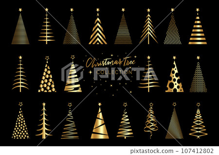 set clipart Christmas Tree gold texture, golden luxury icons, gold vector stylized Merry Christmas, festive themed winter holiday invitations with geometric decorations, isolated on black background 107412802