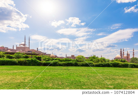 Park of Cairo and view on the Ali Pasha Mosque and The Mosque-Madrasa of Sultan Hasan, beautiful scenery of Egypt 107412804