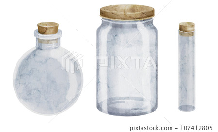 Set of empty Glass Jars. Watercolor illustration of a transparent containers with cork. Hand drawn clip art of Bottle on isolated background. Drawing of beaker and flask. Sketch of glassware. Set of empty Glass Jars. Watercolor illustration of a transparent containers with cork. Hand drawn clip art of Bottle on isolated background. Drawing of beaker and flask. Sketch of glassware. 107412805