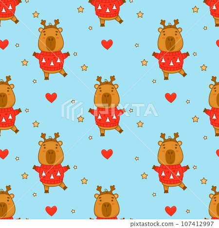 Seamless pattern. Cute winter capybara with Christmas sweater on blue background. Vector illustration for new year festive design, wallpaper, packaging, textile. kids collection. 107412997