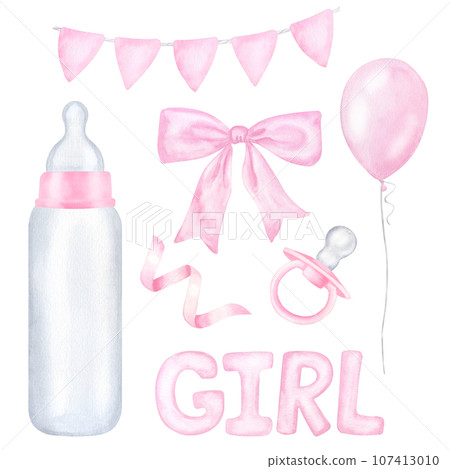 Set for newborn girl, pink flags, milk bottle, pacifier, bow, balloon. Hand drawn watercolor illustration isolated on white background. Gender reveal party, baby shower, newborn, children's design 107413010