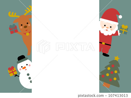 Christmas frame illustration: Santa, reindeer and snowman with gifts 107413013
