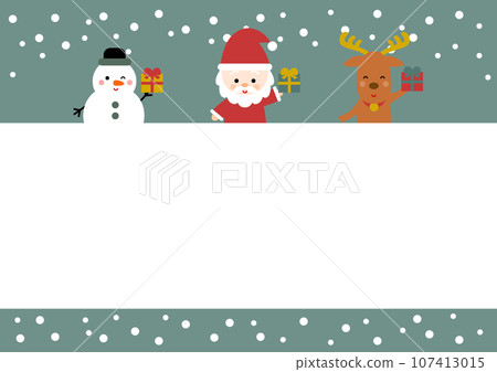 Christmas frame illustration: Santa, reindeer and snowman with gifts 107413015