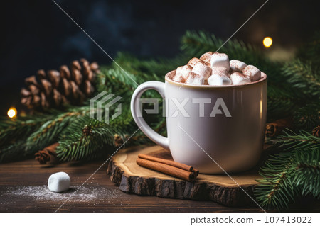 cup of hot chocolate with marshmallows on wooden table and christmas decoration background 107413022