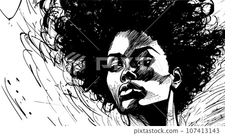 Woman portrait in hand drawing or engraving style. 60s styled beautiful comic book character in black and white. 107413143