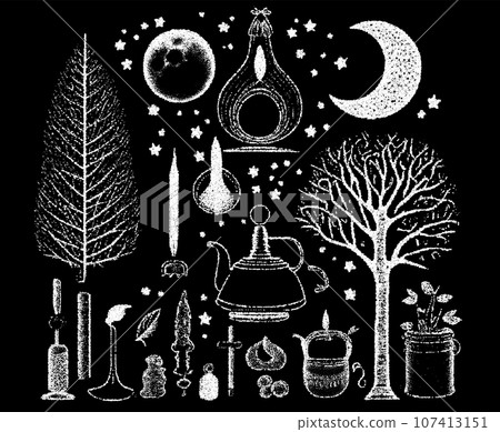 Occult symbols composition in dotwork style. Abstract mystic elements, Sacred triangle with eye in retro flat lay composition. 107413151