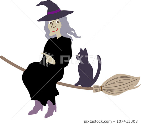 可愛時尚的矢量插圖，一隻穿著黑衣服的黑貓和一個騎著掃帚在天空中飛翔的壞女巫，面朝左 107413308