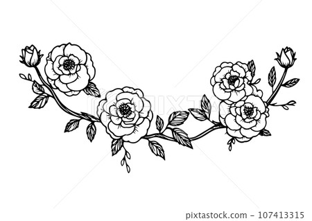Roses border. Vintage simple line art. Hand drawn ink sketch. Engraving vector illustration. 107413315