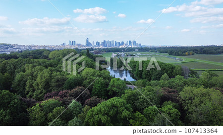 Drone point of view on Bois de Bologne (Bologne forest)  in Paris 107413364