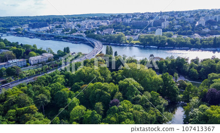 View from Edmond de Rothschild Park  on Saint-Cloud Viaduct through Seine 107413367