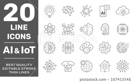 Machine learning and AI line icons. Set of artificial intelligence, IoT, automated system, big data analytics and more. Editable stroke 107413548