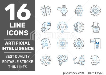 AI and IIoT related set icons digital brain, circuit board, cpu, robotbuilding, high-smart cpu, digital man and other. Editable Stroke AI and IIoT related set icons digital brain, circuit board, cpu, robotbuilding, high-smart cpu, digital man and other. Editable Stroke 107413566