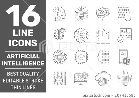 Set of AI, IoT and machine learning line icons. Simple pictograms pack. Modern icons collection in outline style. Vector illustration on a white background. EPS 10 Set of AI, IoT and machine learning line icons. Simple pictograms pack. Modern icons collection in outline style. Vector illustration on a white background. EPS 10 107413595