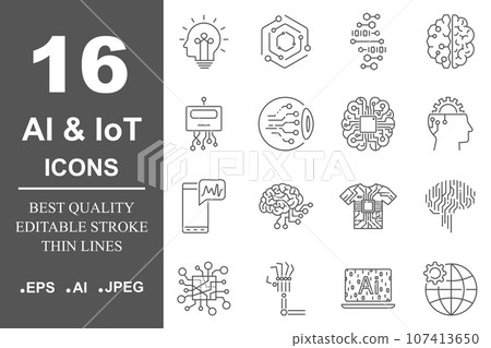 Simple set of artificial intelligence related line icons contains such icons as droid, eye, chip, brain. Editable Stroke. 107413650