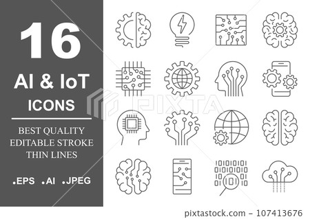 Simple set of artificial intelligence related line icons contains such icons as droid, eye, chip, brain. Editable Stroke. EPS 10 Simple set of artificial intelligence related line icons contains such icons as droid, eye, chip, brain. Editable Stroke. EPS 10 107413676