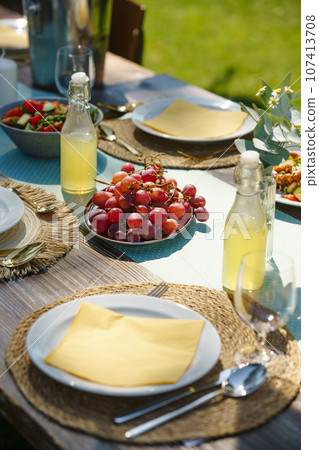 Close up shot of a set table at a summer garden party. Close up shot of a set table at a summer garden party. 107413708