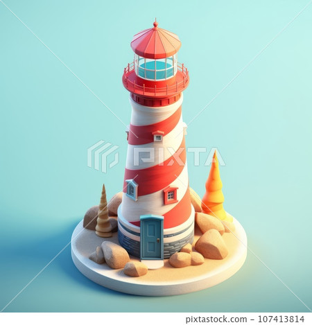 Isometric lighthouse. Island with tower and house, isometric illustration 107413814
