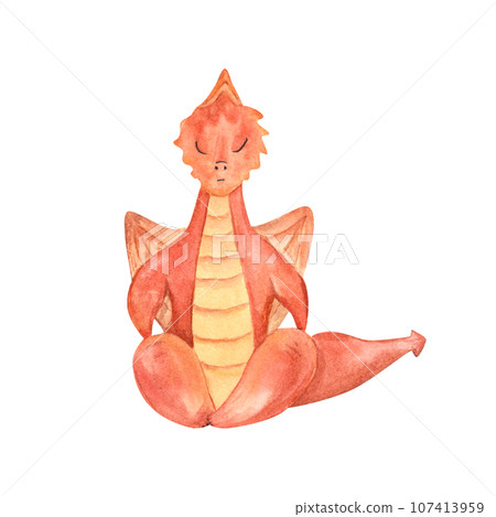 Cute cartoon Dragon sitting in lotus pose. Animal meditation. Colored Dragon practicing fitness exercises. Watercolor illustration. For design of yoga center, spa, label, poster 107413959