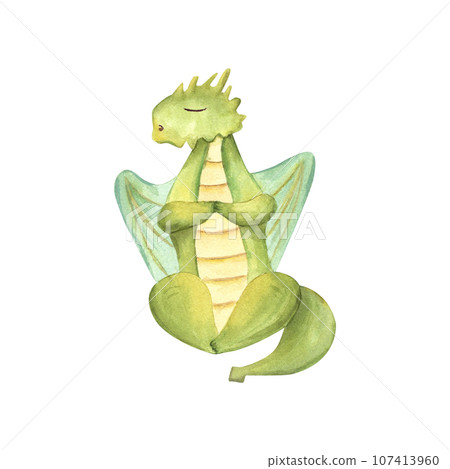 Green Dragon sitting in lotus pose. Animal meditation. Colored winged Dragon practicing fitness exercises. Watercolor illustration. For yoga center, spa, label, poster 107413960