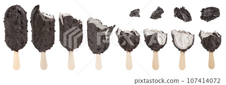 Ice cream with black chocolate icing on a white isolated background. Ice cream of different bitten pieces on white. Ice cream eating mockup. Ice cream with black chocolate icing on a white isolated background. Ice cream of different bitten pieces on white. Ice cream eating mockup. 107414072