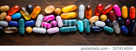 colored probiotic tablets in glass bottles 107414084