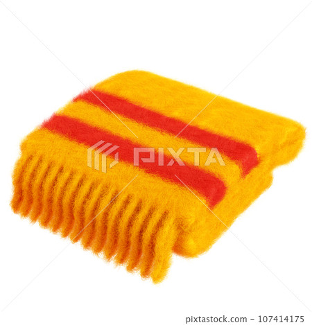 Warm fluffy cozy plaid or scarf with fringe 3d render illustration. Folded orange stripped soft blanket for autumn or winter design. Cartoon icon of wool puffy gentle rug or quilt. Warm fluffy cozy plaid or scarf with fringe 3d render illustration. Folded orange stripped soft blanket for autumn or winter design. Cartoon icon of wool puffy gentle rug or quilt. 107414175