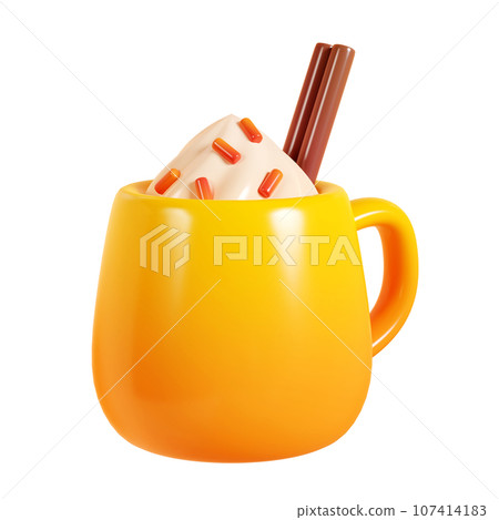 Cup with hot drink with cinnamon stick decorated with diary cream and sparkles. 3D render cartoon illustration of yellow mug with coffee and spice. Autumn or winter warm cozy design element. Cup with hot drink with cinnamon stick decorated with diary cream and sparkles. 3D render cartoon illustration of yellow mug with coffee and spice. Autumn or winter warm cozy design element. 107414183