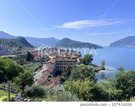 Lago iseo view morning city Marone panorame aerial Lago iseo view morning city Marone panorame aerial 107414204
